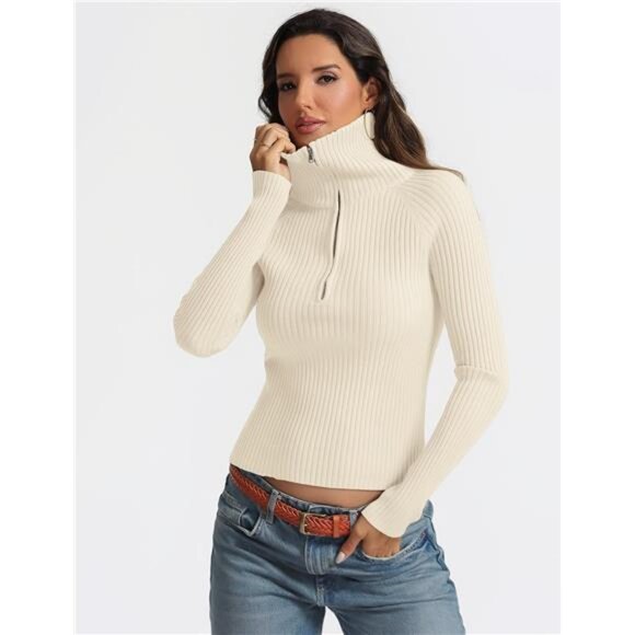 COPY - Women's Half Zip Pullover Sweater - V-Neck Collared Long Sleeve Ribbed K… - Picture 3 of 7